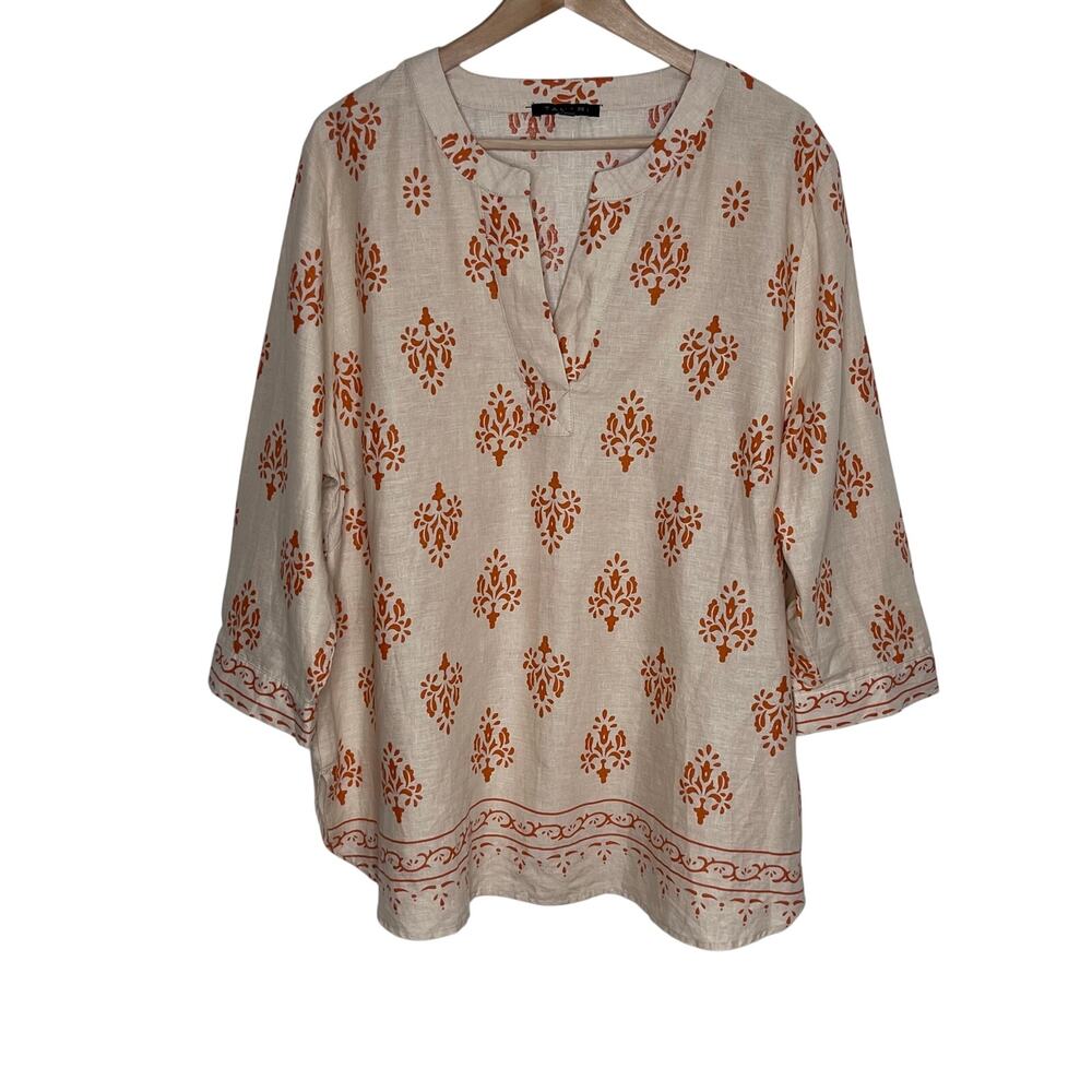 Tahari 1X Linen Blend Tunic Blouse Orange Medallion Print Boho Top Plus